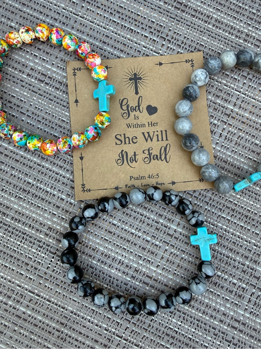 Beaded Cross Stretch Bracelet - Turquoise Cross with Black & Gray Beads
